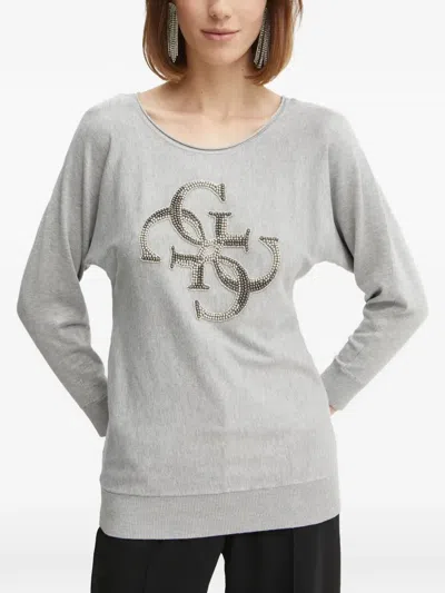 Guess Usa Crystal-embellished Logo-motif Sweater In Gray