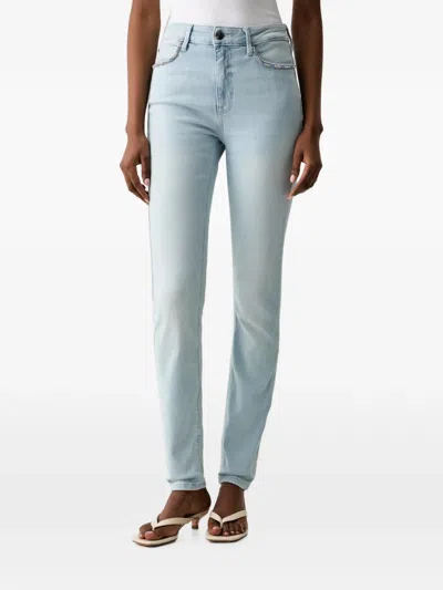 Guess Usa Crystal-embellished Logo-patch Jeans In Blue