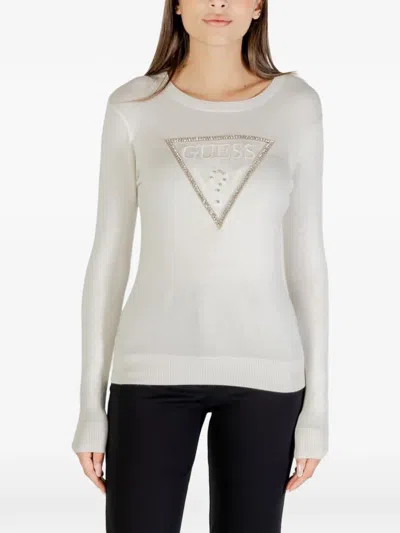 Guess Usa Crystal-embellished Logo-patch Sweater In White