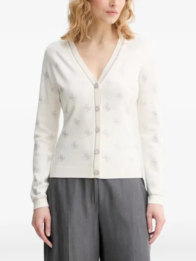 Guess Usa Crystal-embellished Logo-pattern Cardigan In White