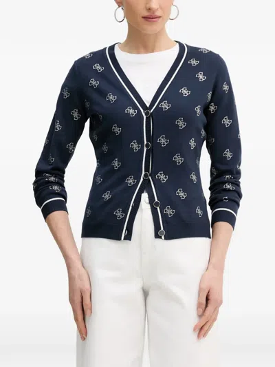Guess Usa Crystal-embellished Logo-print Cardigan In Blue