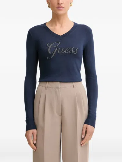 Guess Usa Crystal-embellished Logo-print Sweater In Blue