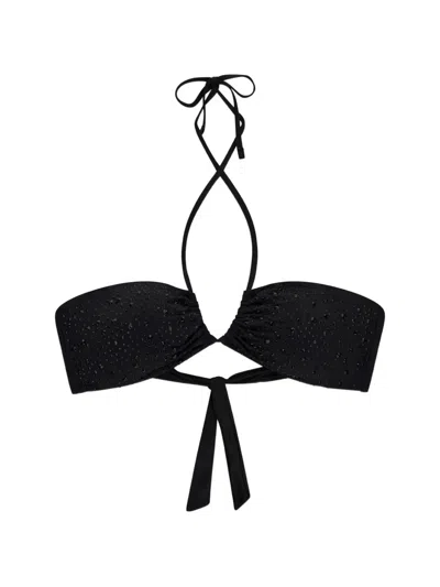 Guess Usa Crystal-embellished Ruched Bikini Top In Black