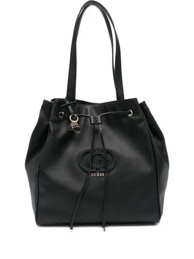 Guess Usa Drawstring Logo-plaque Tote Bag In Black