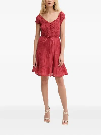 Guess Usa Eco Ciel Crochet-trimmed Tiered Mini Dress In Red