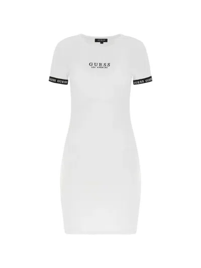 Guess Usa Electra Logo-print Ribbed Midi Dress In White