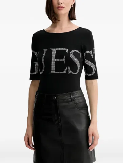 Guess Usa Embellished Logo Bodysuit In Black