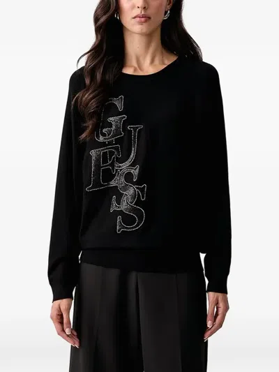 Guess Usa Embellished Logo-patch Sweater In Black