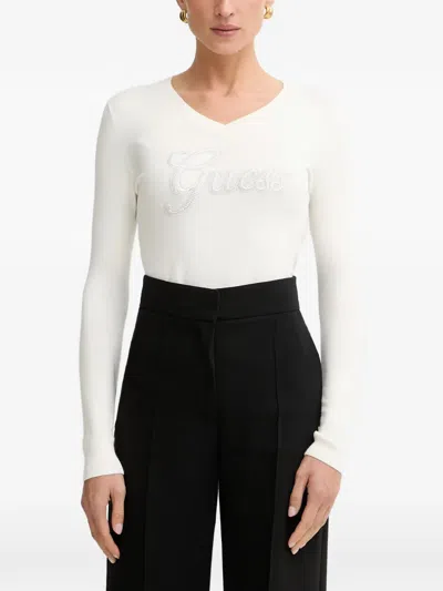 Guess Usa Embellished V-neck Sweater In White