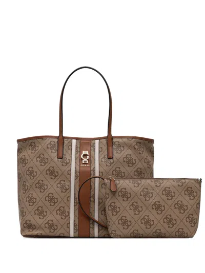 Guess Usa Erenia Monogram Stripe Tote Bag In Brown