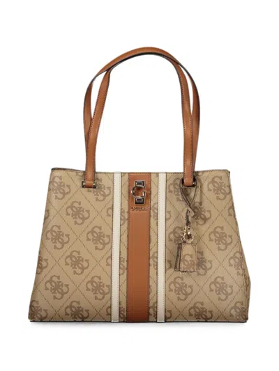 Guess Usa Erenia Monogram-print Logo-plaque Tote Bag In Brown