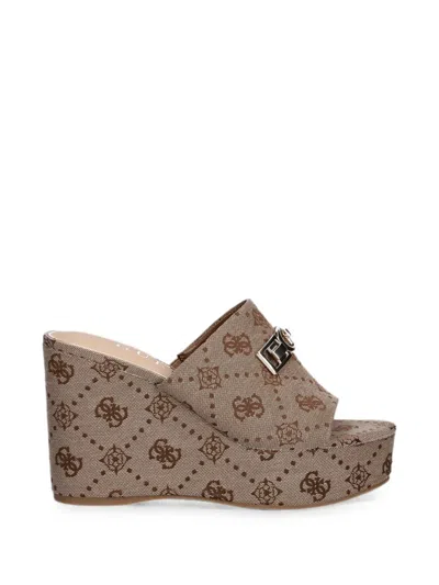 Guess Usa Evenza Logo-pattern Wedge Sandals In Brown