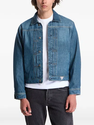 Guess Usa Faded Logo-patch Denim Jacket In Blue