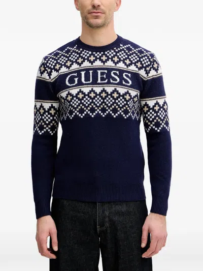 Guess Usa Fair Isle Round Neck Sweater In Blue