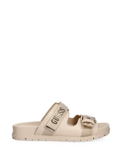 Guess Usa Faxona Buckle-fastening Logo-plaque Slides In Neutral