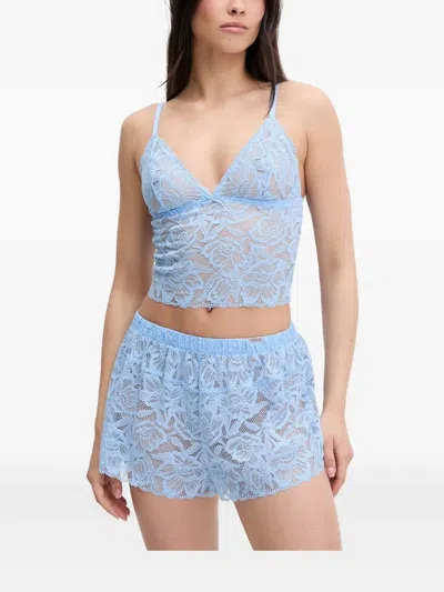 Guess Usa Floral-lace Pyjama Set In Blue