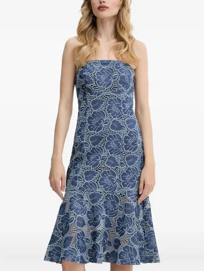 Guess Usa Floral-lace Strapless Dress In Blue