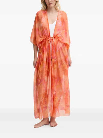 Guess Usa Floral-print Drawstring Beach Robe In Orange