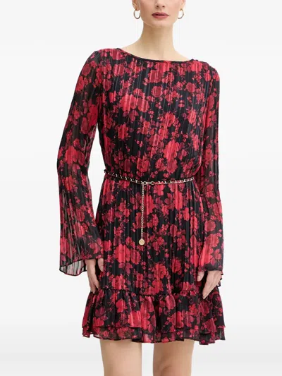 Guess Usa Floral-print Pleated Mini Dress In Burgundy
