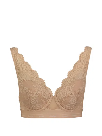 Guess Usa Floral-lace Scalloped-trim Bra In Brown