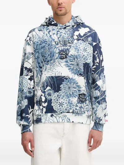 Guess Usa Floral-print Hoodie In Blue