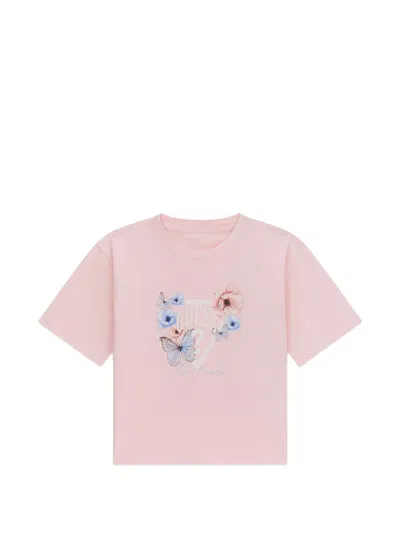 Guess Usa Kids' Floral-print Logo-print T-shirt In Pink