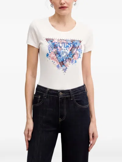 Guess Usa Floral-print Studded T-shirt In White