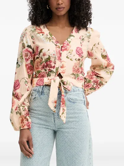 Guess Usa Floral-print Tie-waist Blouse In Pink