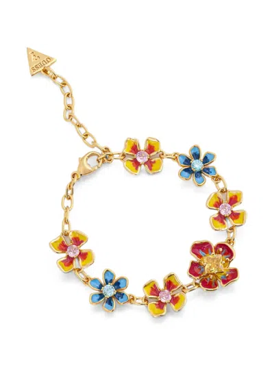 Guess Usa Floris Floral-pendant Crystal-embellished Bracelet In Gold