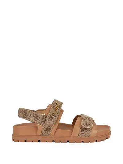 Guess Usa Florizy2 Monogram-print Touch-strap Sandals In Brown