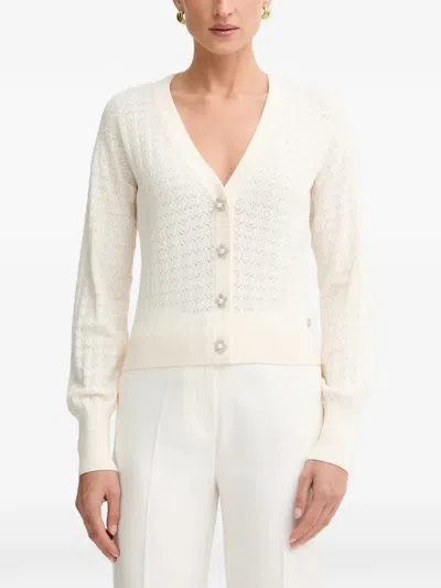 Guess Usa Flower-button Pointelle-knit Cardigan In White