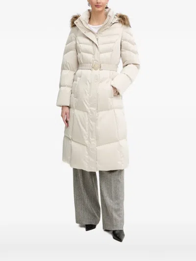 Guess Usa Fur Hooded Belted Jacket In Neutral