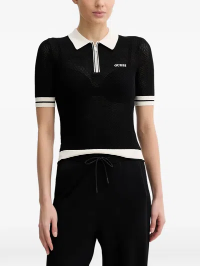 Guess Usa Gabry Logo-embroidered Half-zip Polo Shirt In Black