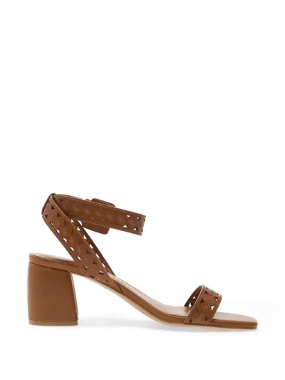 Guess Usa Gastine Laser-cut Ankle-strap Sandals In Brown