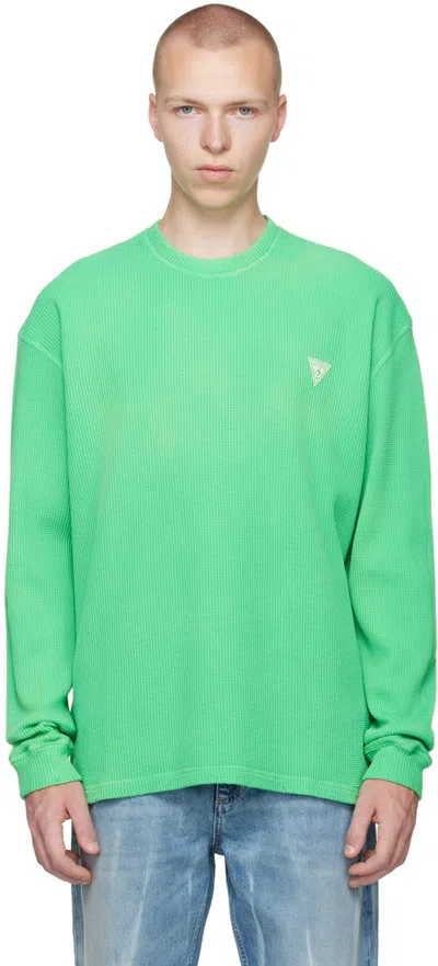 Guess Usa Green Waffle Long Sleeve T-shirt In Jade Sea