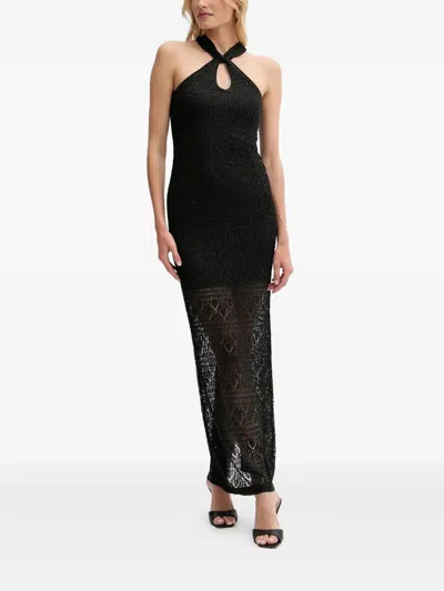 Guess Usa Halter-neck Open-knit Maxi Dress In Black