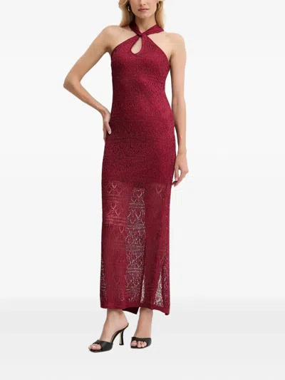 Guess Usa Halterneck Knitted Maxi Dress In Burgundy