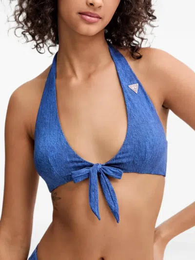 Guess Usa Halterneck Logo-plaque Bikini Top In Blue