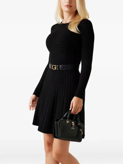 Guess Usa Hana Cable-knit Belted Dress In Black