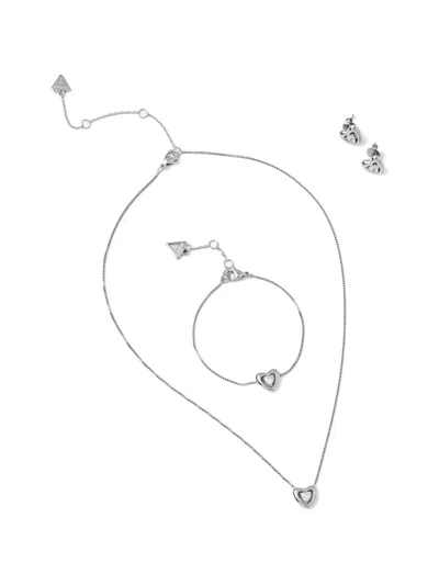 Guess Usa Heart-pendant Necklace (set Of Three) In Silver