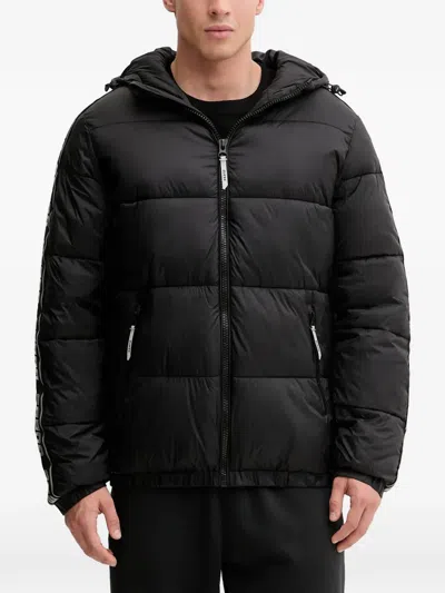 Guess Usa Hooded Logo-stripe Jacket In Black