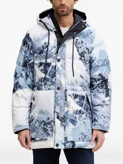 Guess Usa Hooded Print Coat In Blue