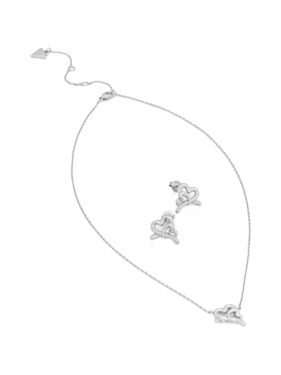 Guess Usa Interlocking Heart Earrings And Necklace (set Of Two) In Pink