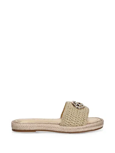 Guess Usa Kaylis Logo-plaque Crochet-knit Slides In Neutral