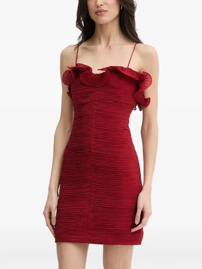 Guess Usa Kennith Ruffled-trim Ruched Mini Dress In Red