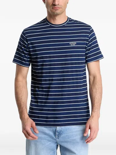 Guess Usa Koszulka W Paski Striped Logo-print T-shirt In Blue