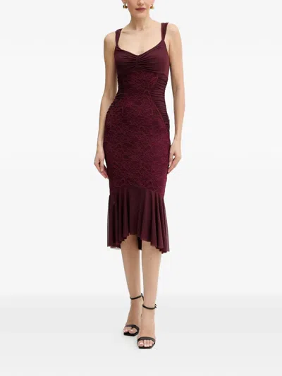 Guess Usa Lace Gathered Midi Dress In Burgundy