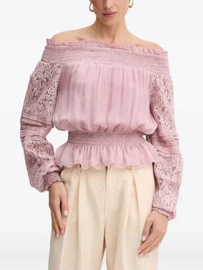 Guess Usa Lace-sleeves Smocked Blouse In Pink