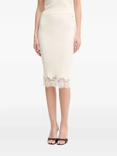 Guess Usa Lace-trim Ribbed Midi Skirt In White