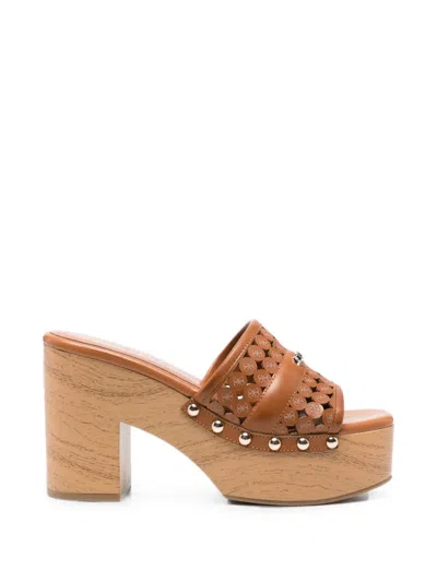 Guess Usa Laser-cut Studded Platform Sandals In Brown